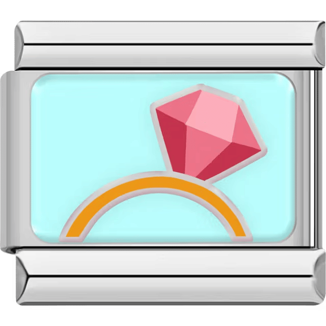 Stylized gold engagement ring with a large pink gemstone on a light aqua background.